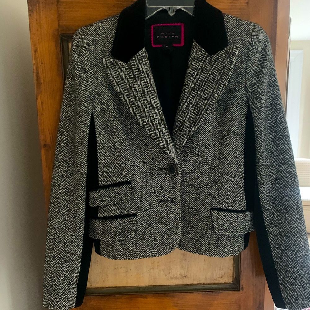 Pink Tartan tweed blazer with velvet collar and insets